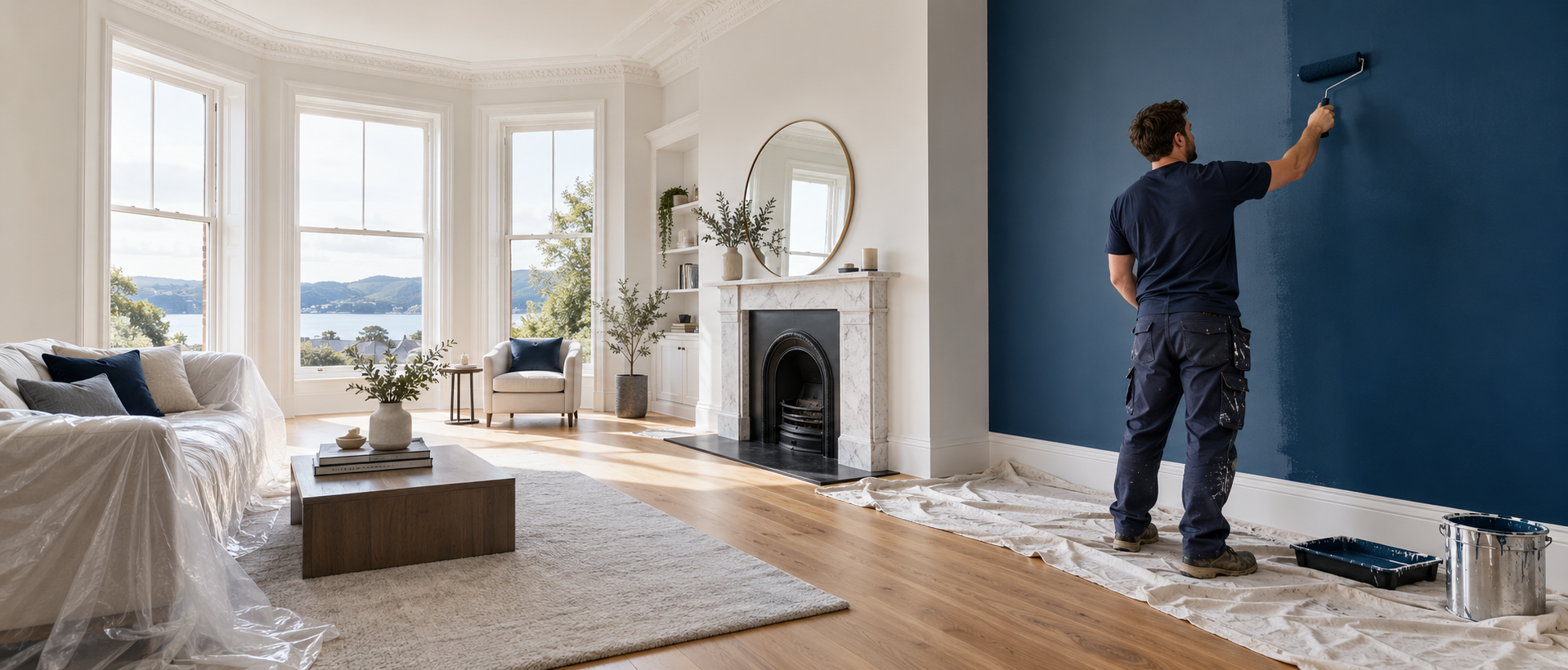 Professional painter applying a deep blue finish in a bright living room